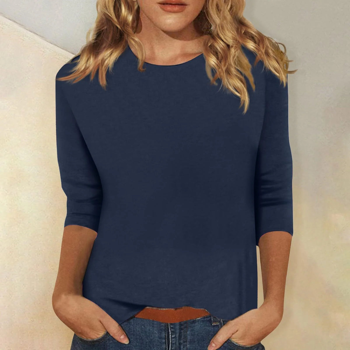 Navy Blue Women's Casual Top with Three-Quarter Sleeves & Round Neckline - Casual Pose