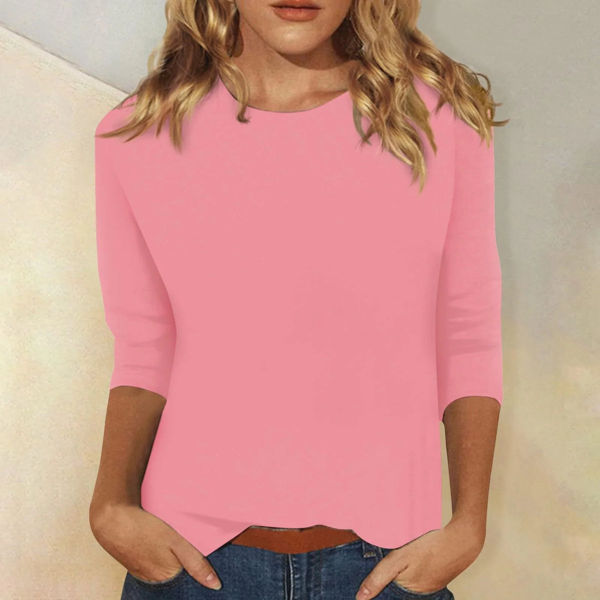 Pink Women's Casual Top with Three-Quarter Sleeves & Round Neckline