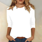 White Women's Casual Top with Three-Quarter Sleeves & Round Neckline - Front Full