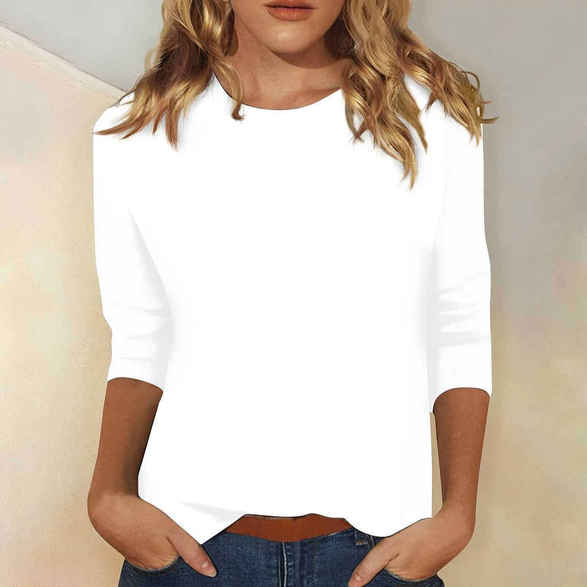 White Women's Casual Top with Three-Quarter Sleeves & Round Neckline - Front Full