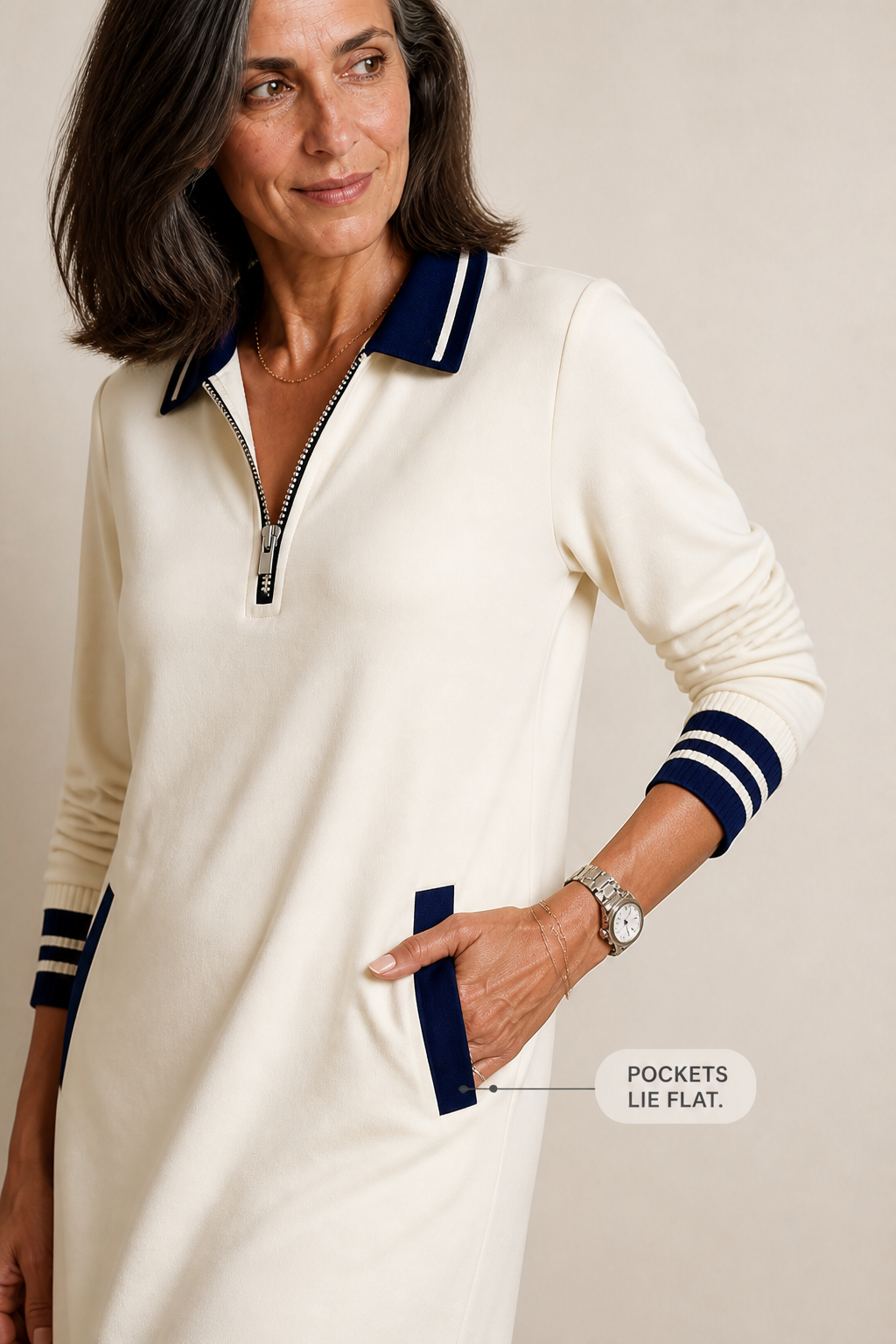 Women's Quarter Zip Sweatshirt Dress with Collared Neckline & Flat Pockets