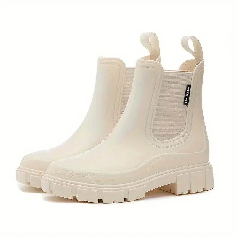 Beige Women's Waterproof Rain Boots — Megan Slip-On Lug-Sole - Studio White Cream