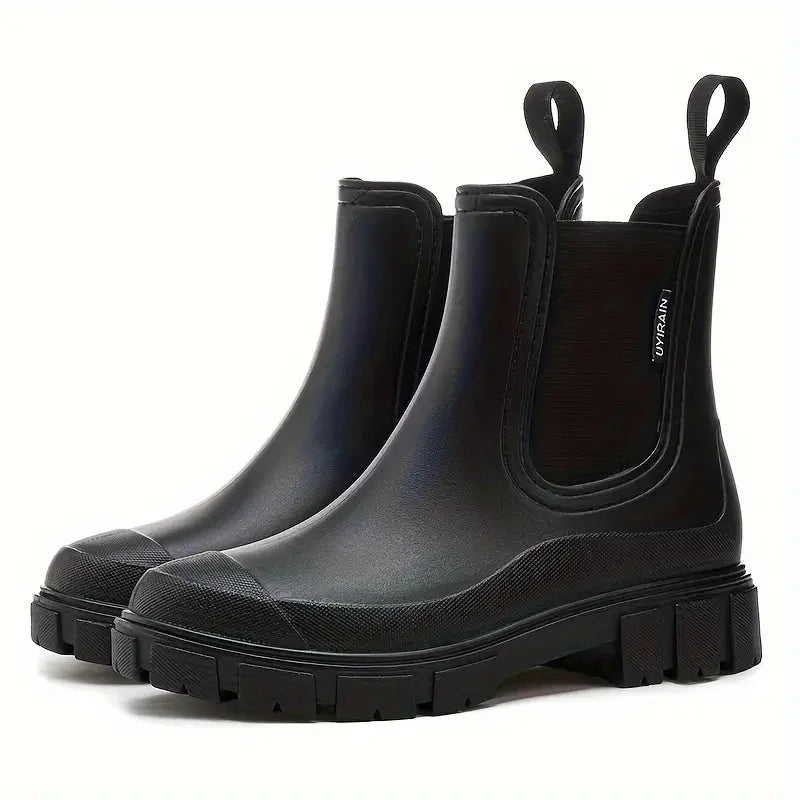 Black Women's Waterproof Rain Boots — Megan Slip-On Lug-Sole - Pair View