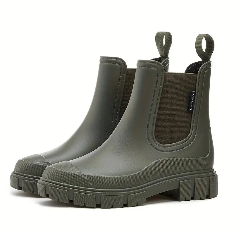 Green Women's Waterproof Rain Boots — Megan Slip-On Lug-Sole - Olive Pair View