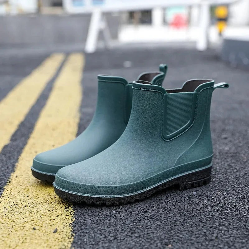 Green Men's Waterproof Rain Boots — James Everyday Slip-On Ankle - Close Up Pair