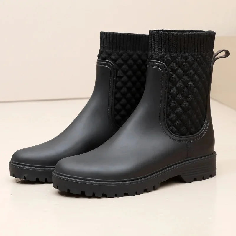 Black Women's Rain Boots — Cassidy Everyday Knit-Cuff Waterproof - Front Full