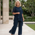 Blue Women's Chiffon Layered Palazzo Pants Set — Genevieve Flutter Sleeve Elegant - Front Full