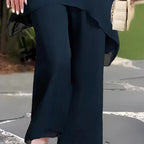 Blue Women's Chiffon Layered Palazzo Pants Set — Genevieve Flutter Sleeve Elegant - Hem Detail