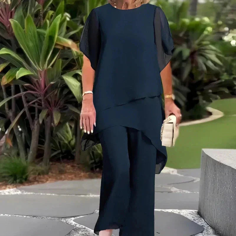 Blue Women's Chiffon Layered Palazzo Pants Set — Genevieve Flutter Sleeve Elegant - Outdoor Pose