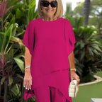 Pink Women's Chiffon Layered Palazzo Pants Set — Genevieve Flutter Sleeve Elegant - Close Up Top