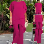 Pink Women's Chiffon Layered Palazzo Pants Set — Genevieve Flutter Sleeve Elegant - Collage View