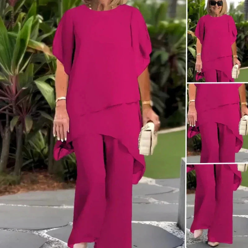 Pink Women's Chiffon Layered Palazzo Pants Set — Genevieve Flutter Sleeve Elegant - Collage View