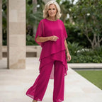 Pink Women's Chiffon Layered Palazzo Pants Set — Genevieve Flutter Sleeve Elegant - Front Full
