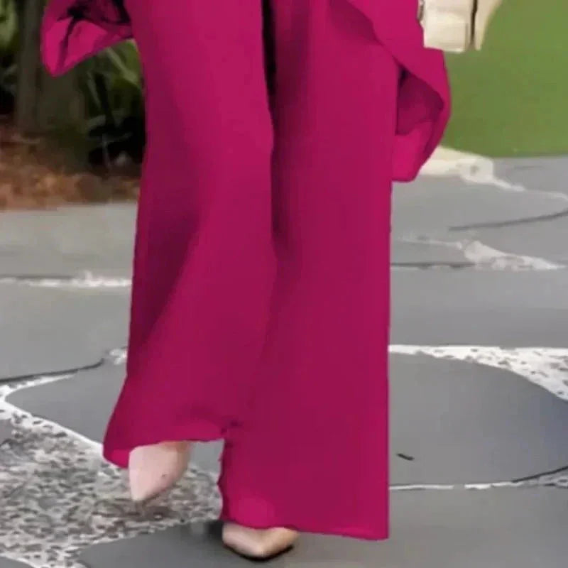 Pink Women's Chiffon Layered Palazzo Pants Set — Genevieve Flutter Sleeve Elegant - Leg Detail