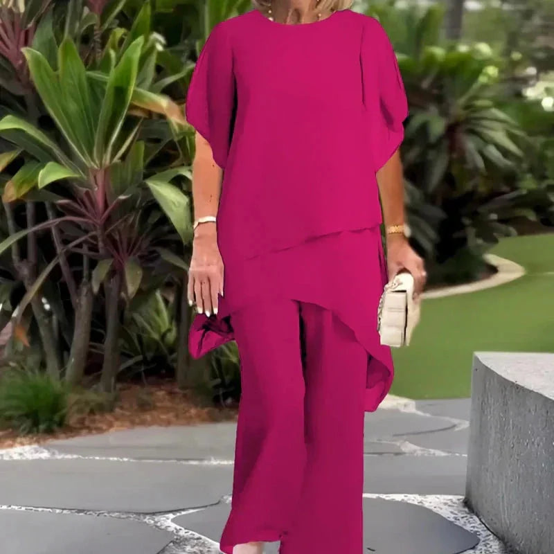 Pink Women's Chiffon Layered Palazzo Pants Set — Genevieve Flutter Sleeve Elegant - Side Pose