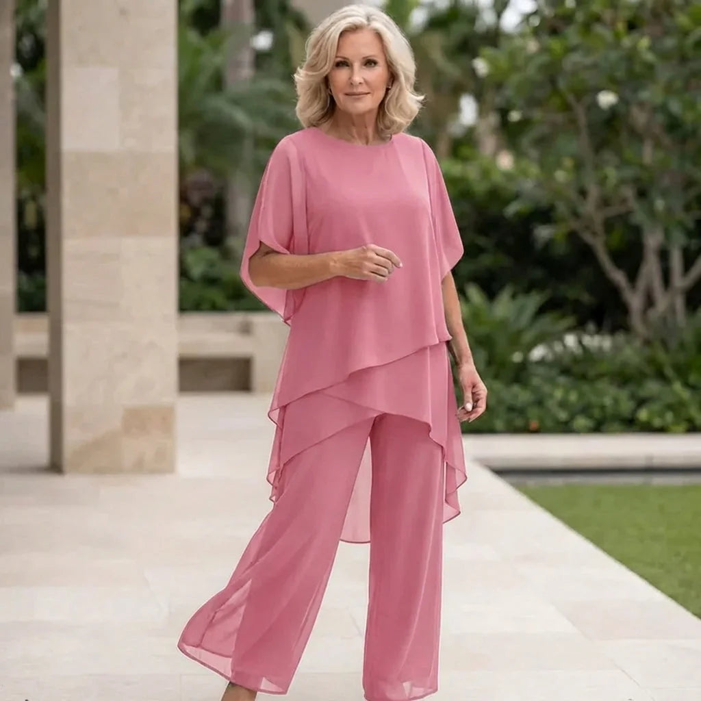 Pink Women's Chiffon Layered Palazzo Pants Set — Genevieve Flutter Sleeve Elegant - Studio Pose