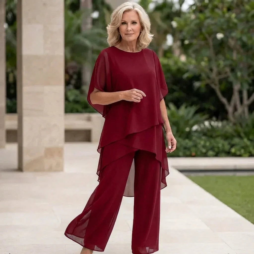 Red Women's Chiffon Layered Palazzo Pants Set — Genevieve Flutter Sleeve Elegant - Front Full