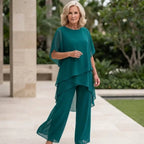Turquoise Women's Chiffon Layered Palazzo Pants Set — Genevieve Flutter Sleeve Elegant - Front Full