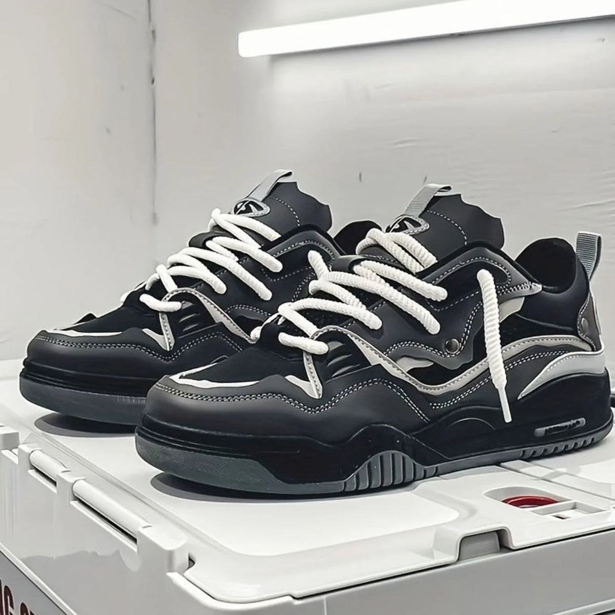 Black Men's Chunky Sneakers with Thick Sole & Mesh Paneling - Front Pair