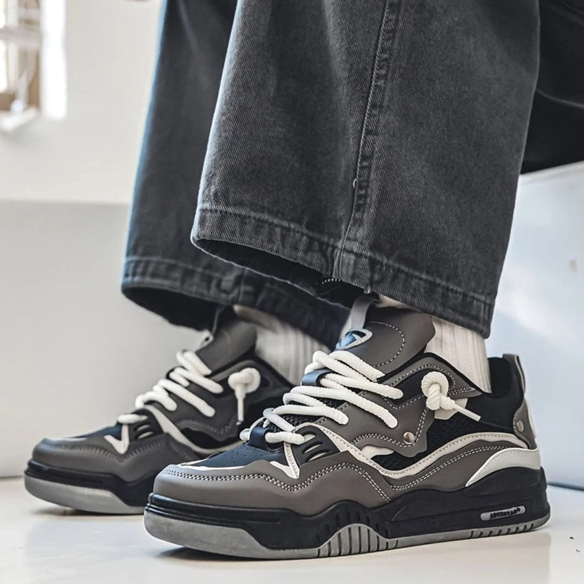 Men's Chunky Sneakers with Thick Sole & Mesh Paneling - Worn Ankle Detail