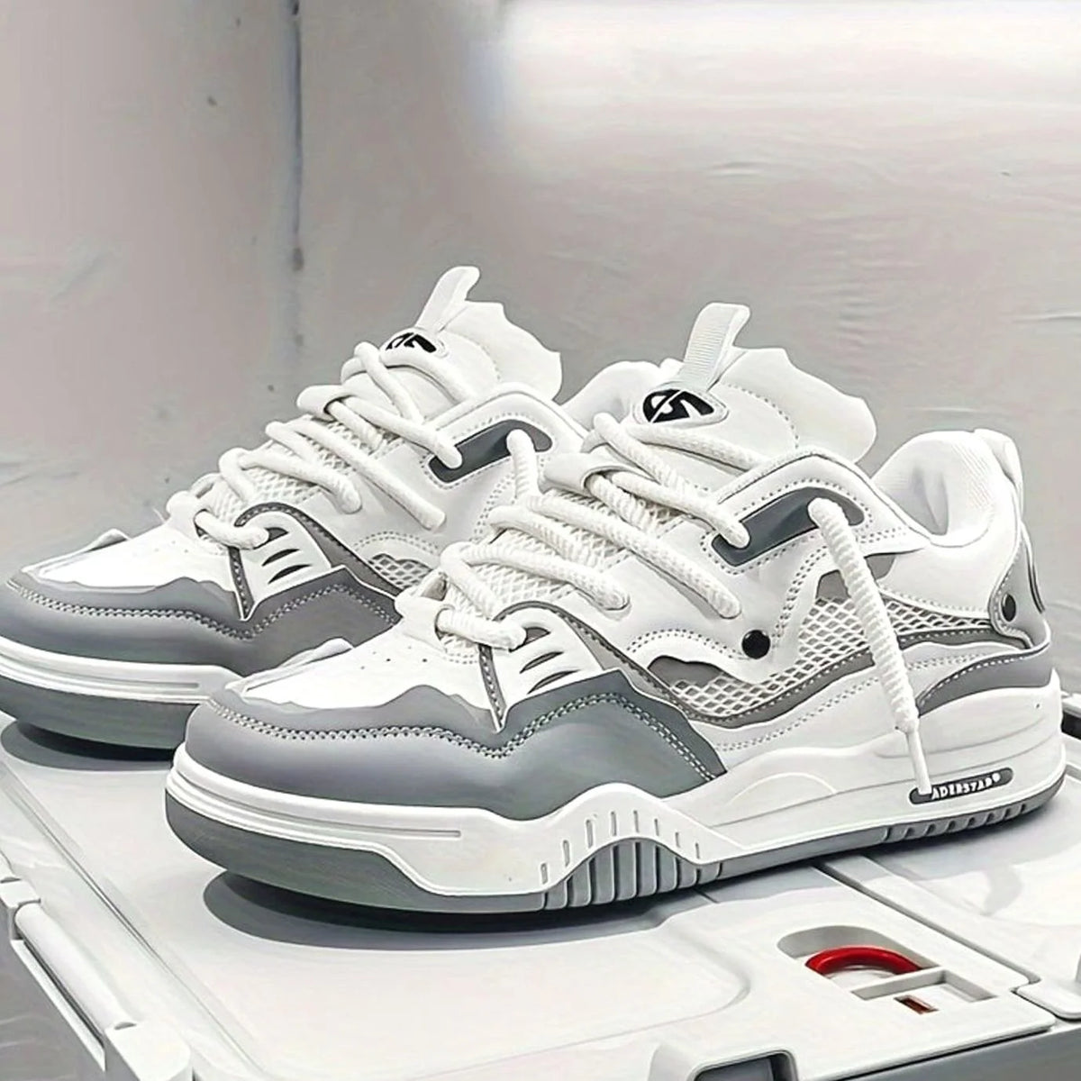 Men's Chunky Sneakers with Thick Sole & Mesh Paneling - Front Pair White
