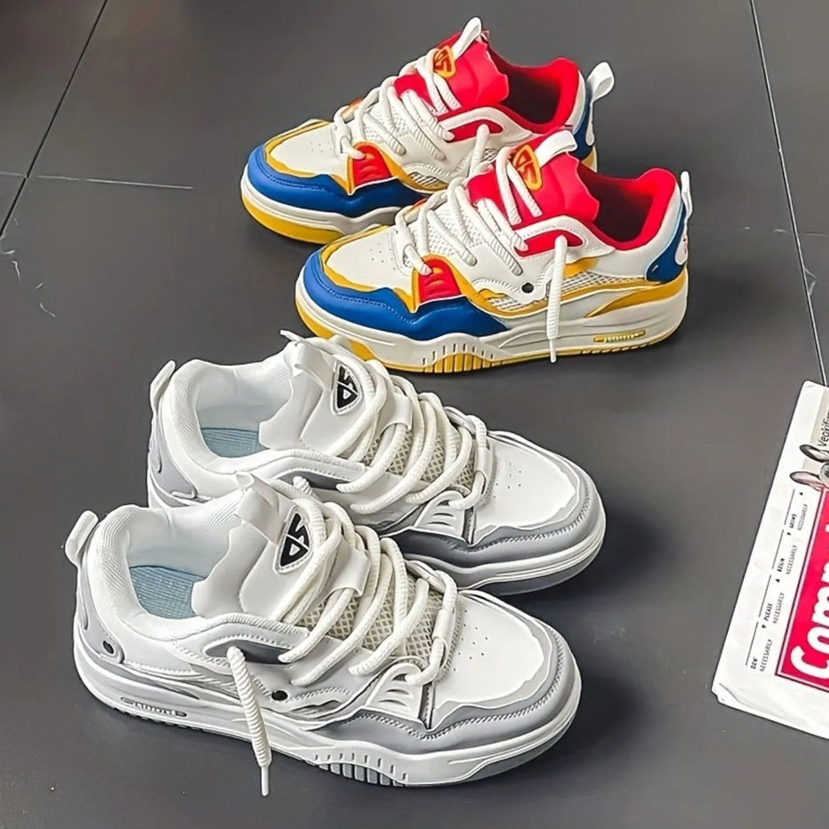 Men's Chunky Sneakers with Thick Sole & Mesh Paneling - Flat Lay Two Pairs