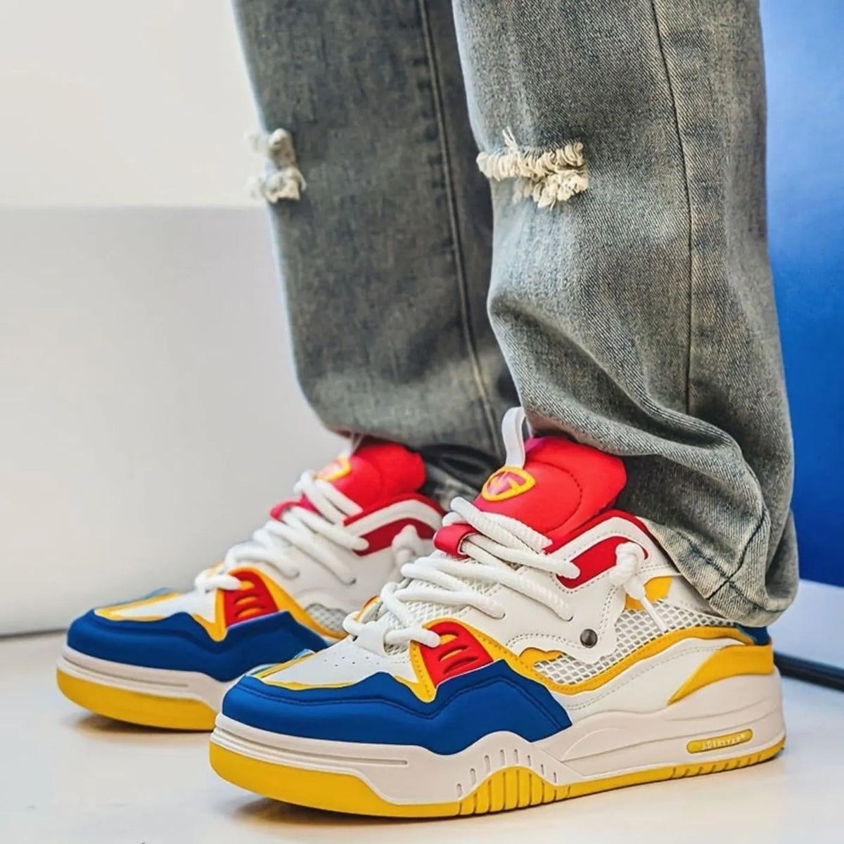 Yellow Men's Chunky Sneakers with Thick Sole & Mesh Paneling - Worn Lifestyle Closeup
