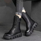 Black Women's Chunky Platform Boots with Leather Lace-Up Design & Side Zip — Diane - Seated Side Pose
