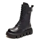 Black Women's Chunky Platform Boots with Leather Lace-Up Design & Side Zip — Diane - Studio Angle