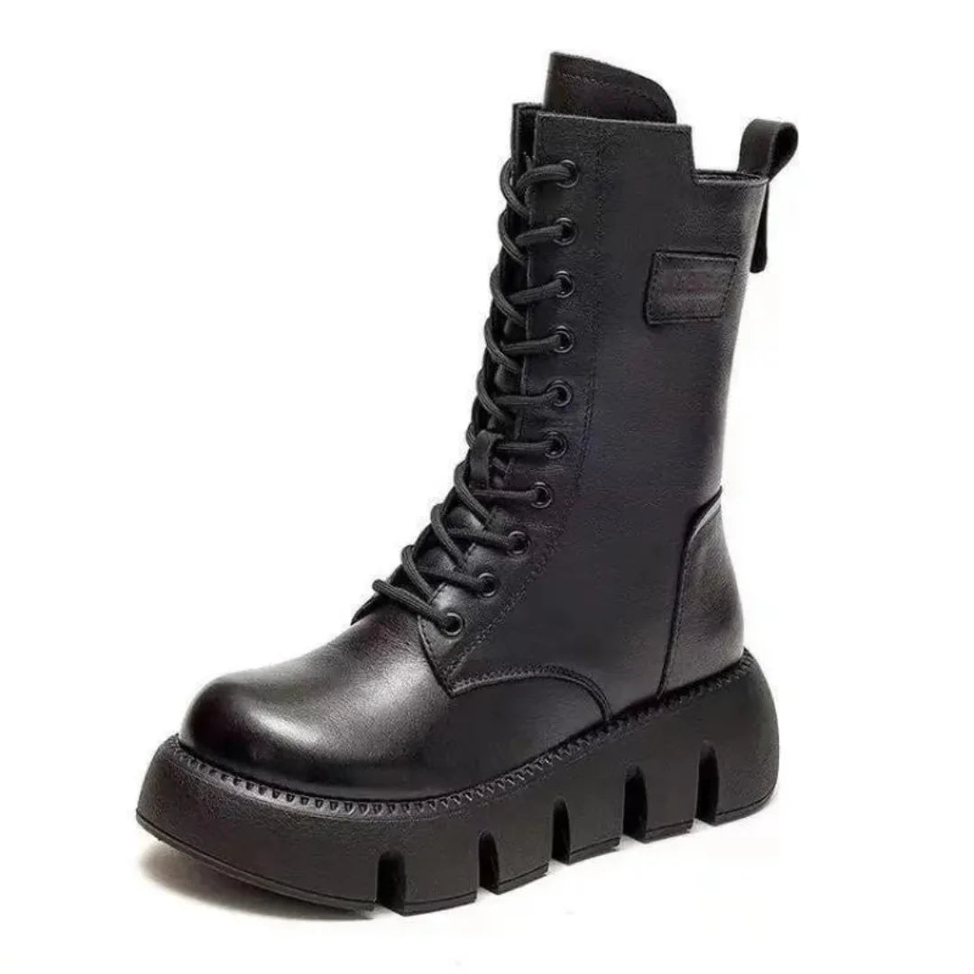 Black Women's Chunky Platform Boots with Leather Lace-Up Design & Side Zip — Diane - Studio Angle