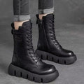 Black Women's Chunky Platform Boots with Leather Lace-Up Design & Side Zip - Worn Front Pose