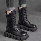 Black Women's Chunky Platform Boots with Leather Lace-Up Design & Side Zip - Worn Front Pose