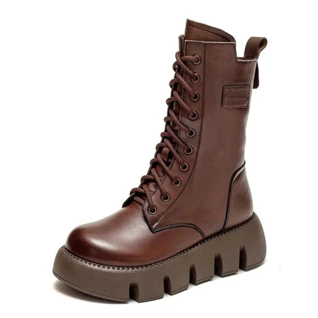 Brown Women's Chunky Platform Boots with Leather Lace-Up Design & Side Zip — Diane - Studio Side Angle