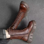 Brown Women's Chunky Platform Boots with Leather Lace-Up Design & Side Zip — Diane - Top Down Detail