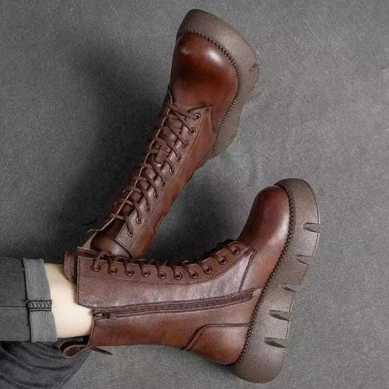 Brown Women's Chunky Platform Boots with Leather Lace-Up Design & Side Zip — Diane - Top Down Detail