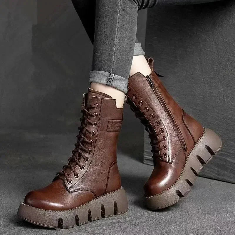 Brown Women's Chunky Platform Boots with Leather Lace-Up Design & Side Zip — Diane - Worn Side Pose