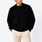 Black Men's Chunky Knit Sweater with Ribbed Crew Neck & Relaxed Fit