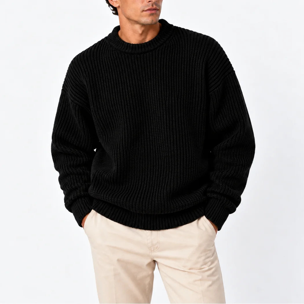 Black Men's Chunky Knit Sweater with Ribbed Crew Neck & Relaxed Fit