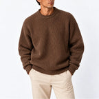 Light Brown Men's Chunky Knit Sweater with Ribbed Crew Neck & Relaxed Fit - Front Angle