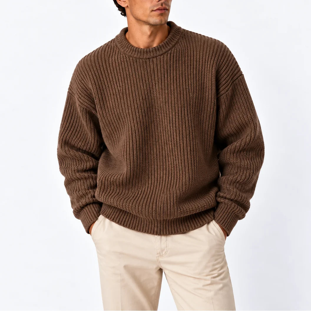 Light Brown Men's Chunky Knit Sweater with Ribbed Crew Neck & Relaxed Fit - Front Angle