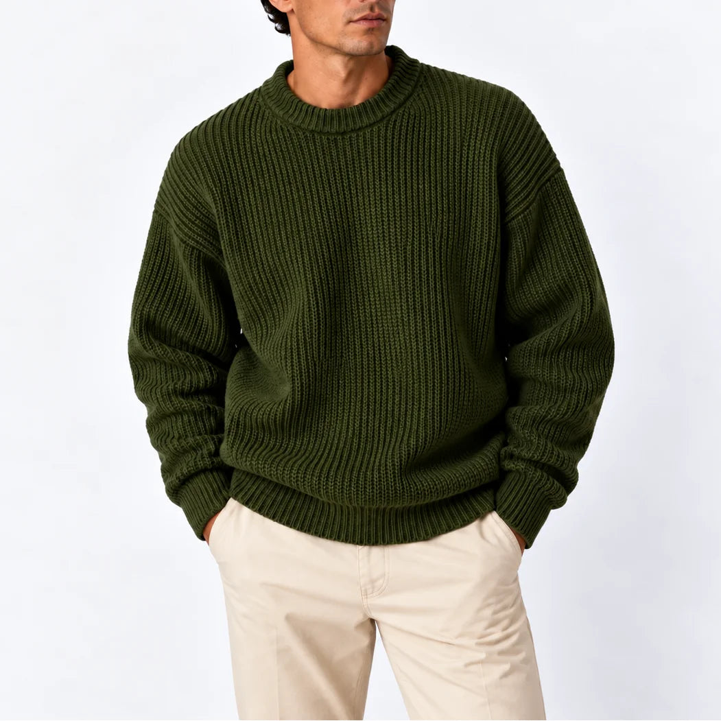 Mint Men's Chunky Knit Sweater with Ribbed Crew Neck & Relaxed Fit