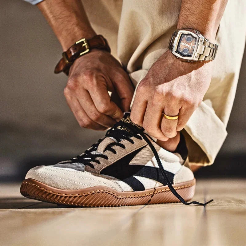 Beige Men's Classic Retro Sneakers with Lace-Up Closure & Suede Panels — Beau - Hand Tying Lace