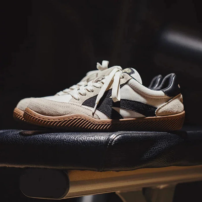 Beige Men's Classic Retro Sneakers with Lace-Up Closure & Suede Panels — Beau - Side Profile Studio