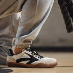 Beige Men's Classic Retro Sneakers with Lace-Up Closure & Suede Panels — Beau - Worn Lifestyle Kneel