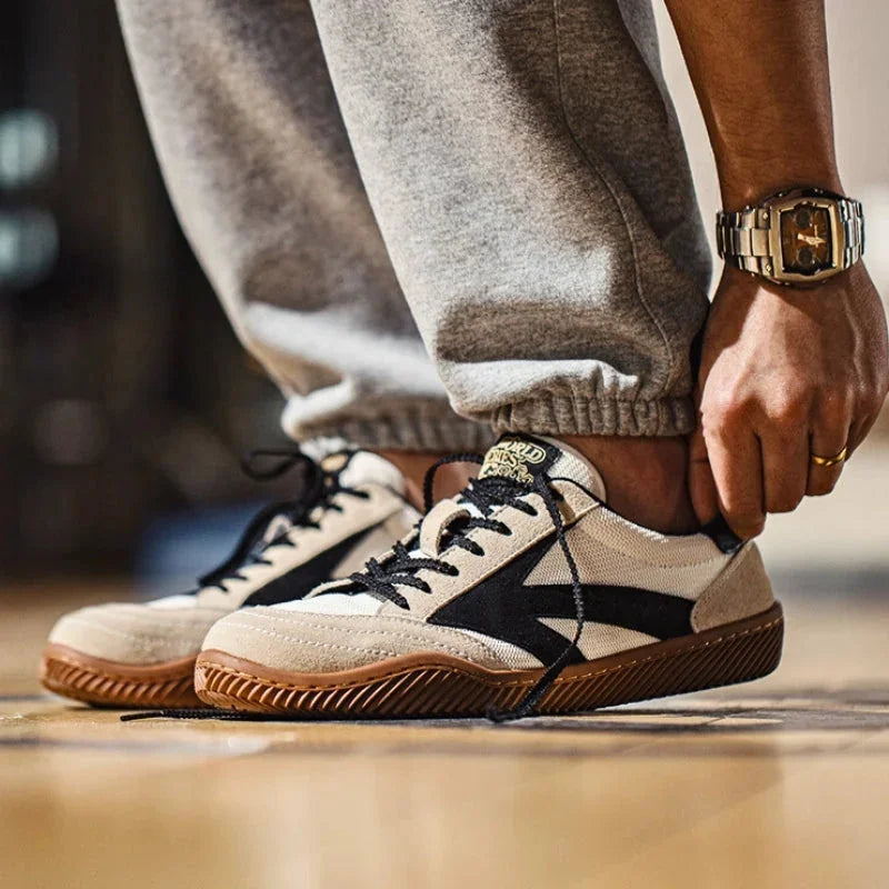 Beige Men's Classic Retro Sneakers with Lace-Up Closure & Suede Panels — Beau