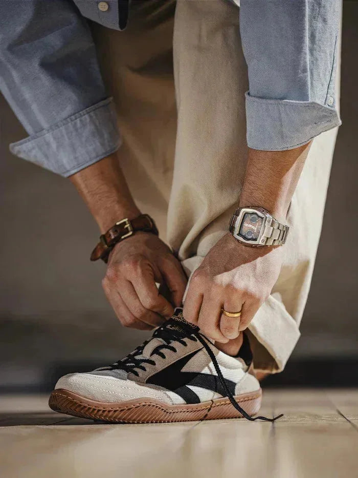 Brown Men's Classic Retro Sneakers with Lace-Up Closure & Suede Panels — Beau - Front Lace Adjustment