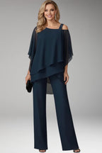Blue Women's Cold Shoulder Straight-Leg Jumpsuits — Maeve Draped Overlay Evening - Front Full