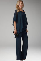 Blue Women's Cold Shoulder Straight-Leg Jumpsuits — Maeve Draped Overlay Evening - Side Pose