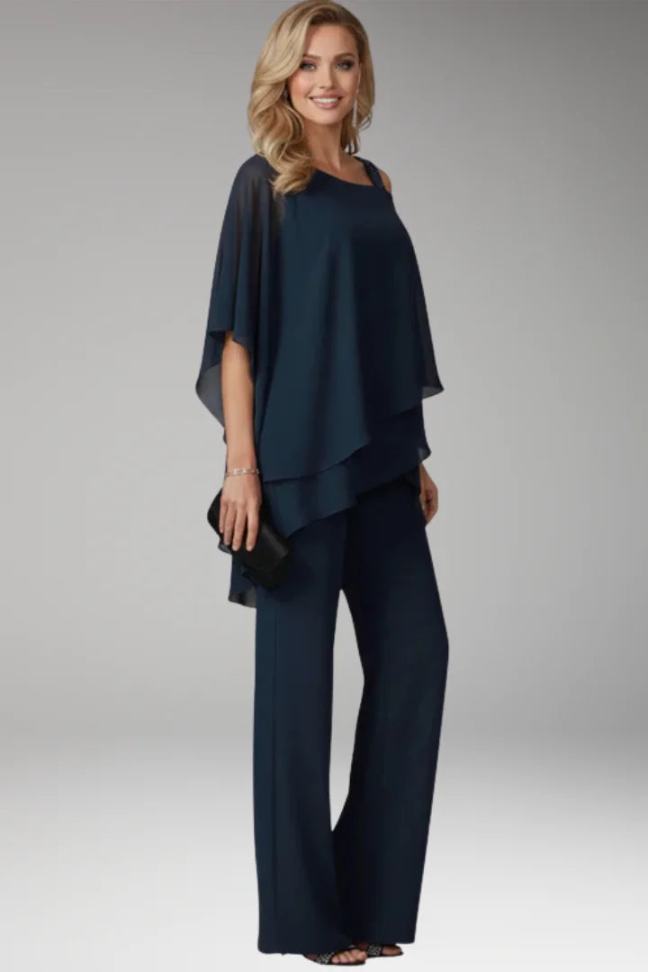 Blue Women's Cold Shoulder Straight-Leg Jumpsuits — Maeve Draped Overlay Evening - Side Pose