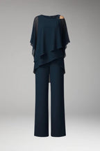 Blue Women's Cold Shoulder Straight-Leg Jumpsuits — Maeve Draped Overlay Evening - Studio Flat